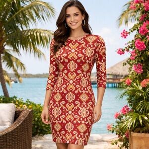 J. McLaughlin Mia Dress Ikat Scroll Coral Orange Catalina Cloth M Resortwear